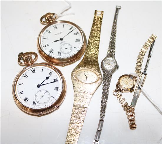 2 pocket watches with rolled gold Dennison cases (1 glass a.f.), Ensign 9ct gold-cased watch & 2 other watches